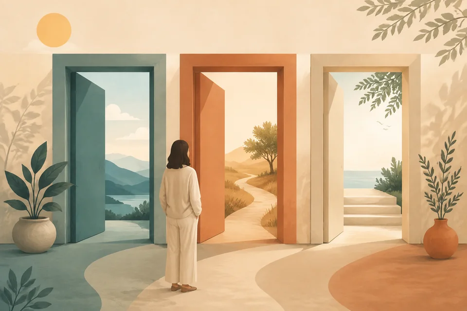 Editorial illustration of a person facing three open doorways in teal, terracotta and cream, with landscapes beyond.