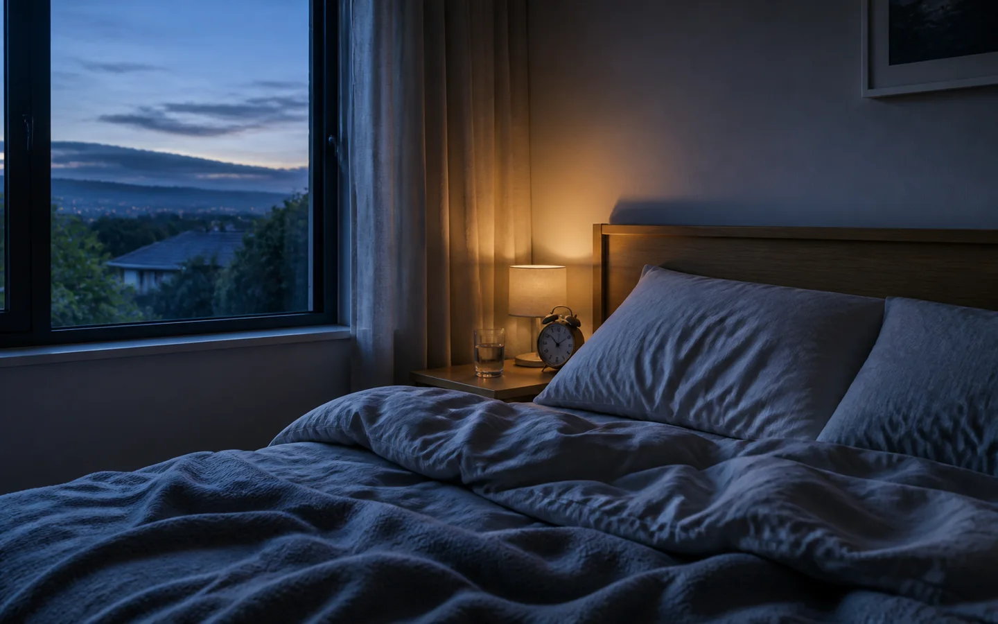 A quiet bedroom in blue pre-dawn light, with a softly lit bedside lamp and alarm clock