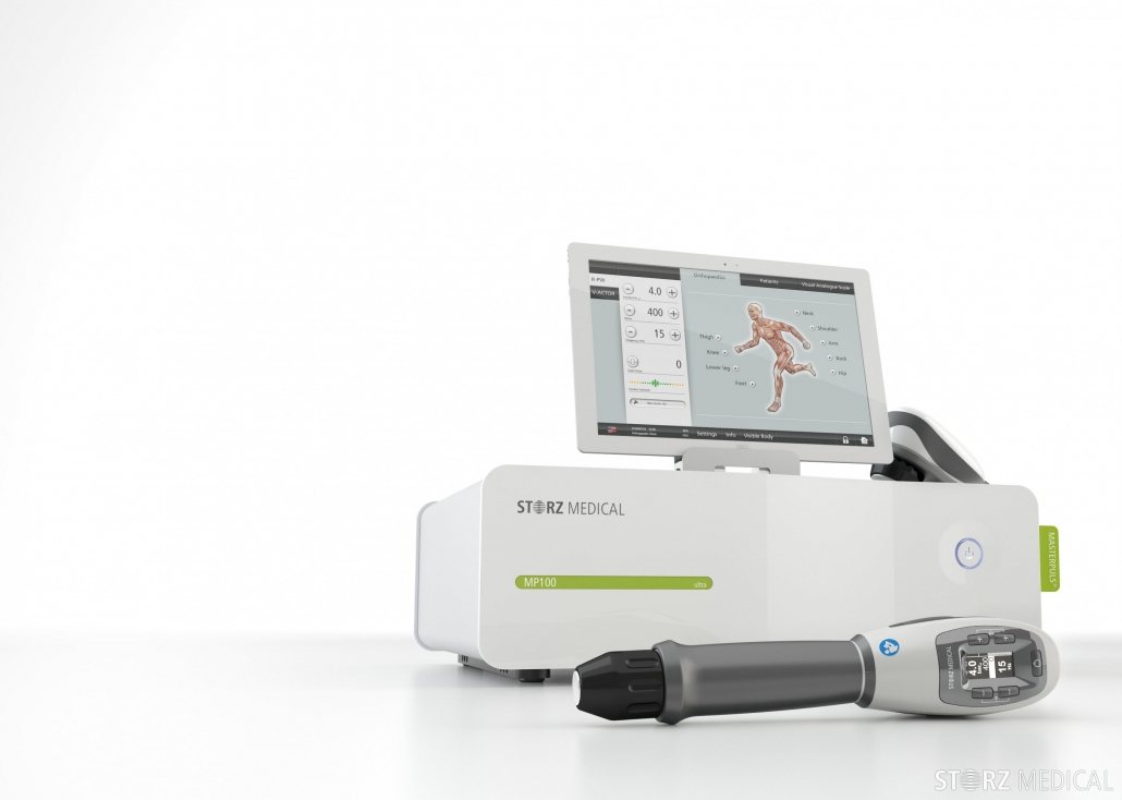 Shockwave therapy unit with a display screen and handheld applicator.