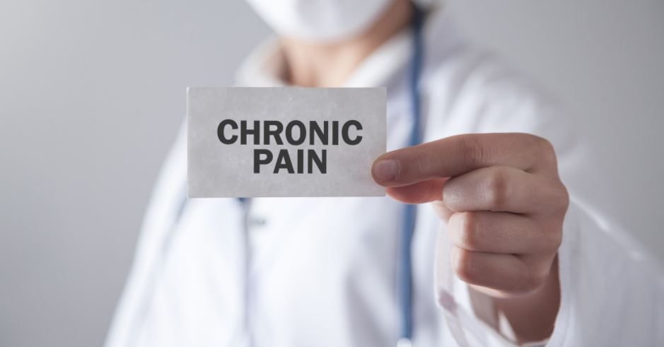 Person holding a card labelled Chronic Pain.