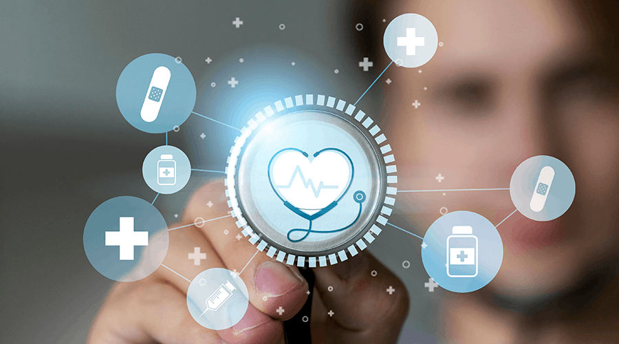 Person selecting a digital healthcare icon surrounded by medical symbols.